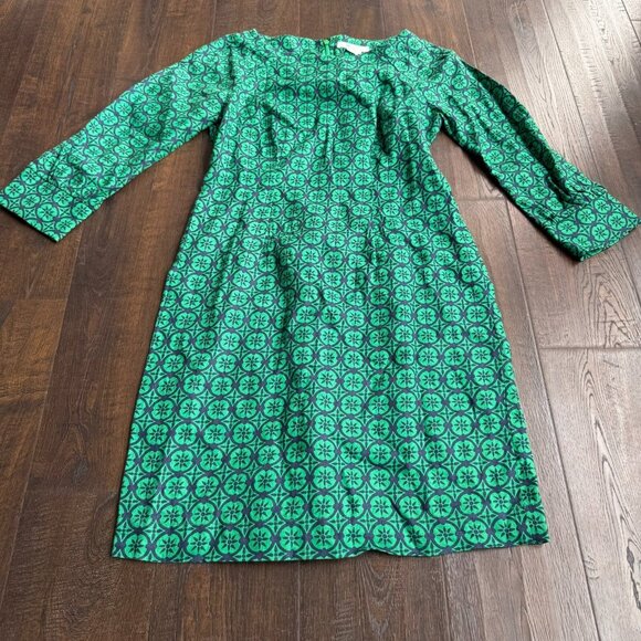 Boden Women's 100% Linen Green Navy Blue Floral Long Sleeve Shift Dress Size 4R - Picture 1 of 12